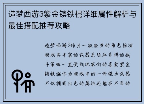 造梦西游3紫金镔铁棍详细属性解析与最佳搭配推荐攻略